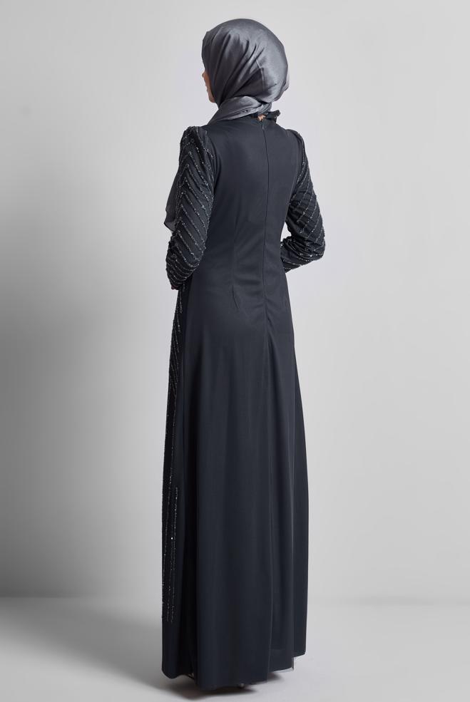 Tesettür giyim GRİ TAŞLI ABİYE ELBİSE 50509 - ALVİNA