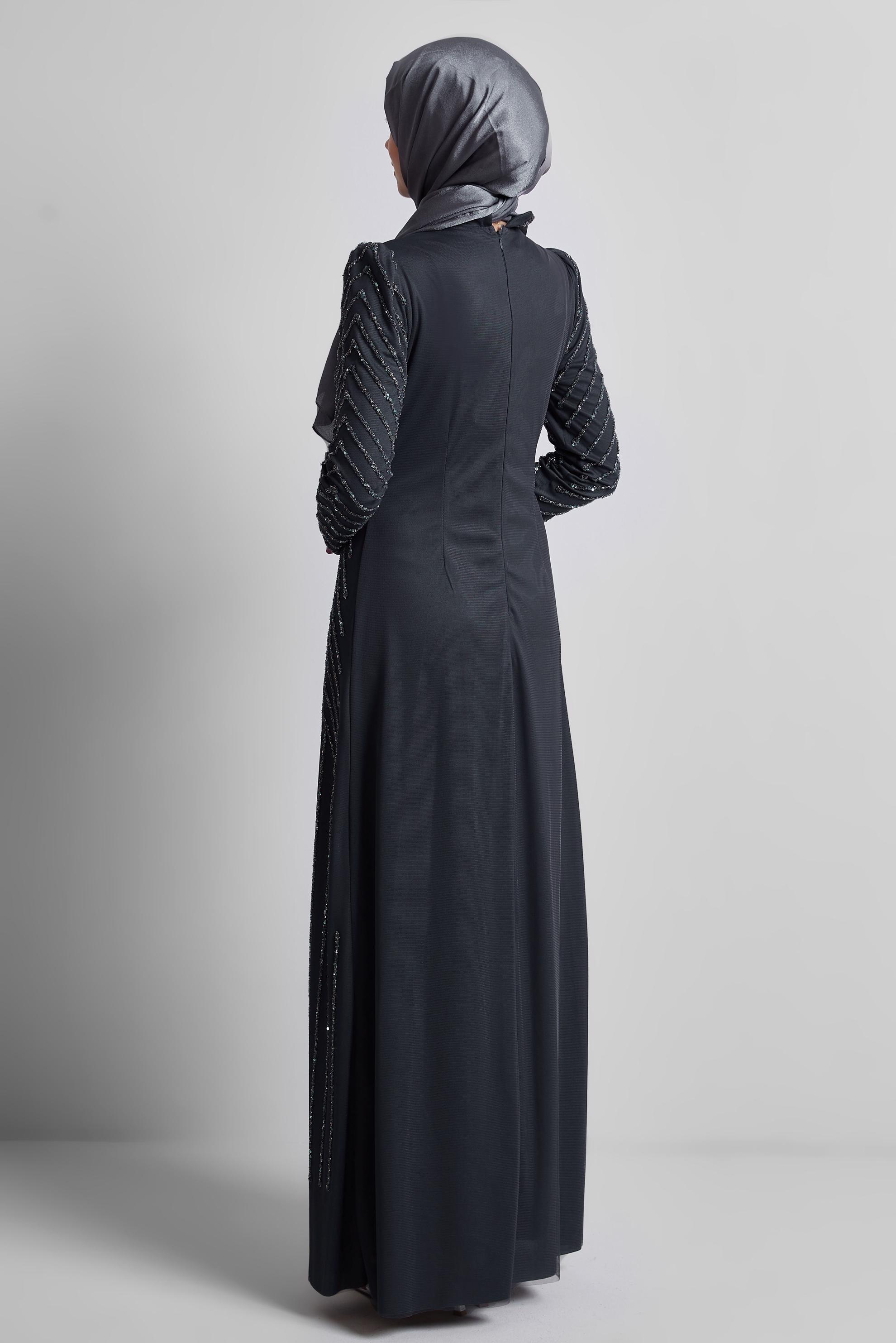 Tesettür giyim GRİ TAŞLI ABİYE ELBİSE 50509