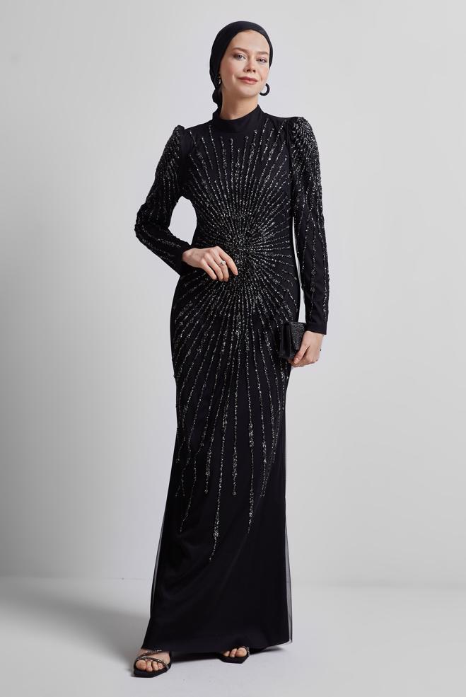 Tesettür giyim SİYAH TAŞ DETAYLI ABİYE ELBİSE 50510 - ALVİNA