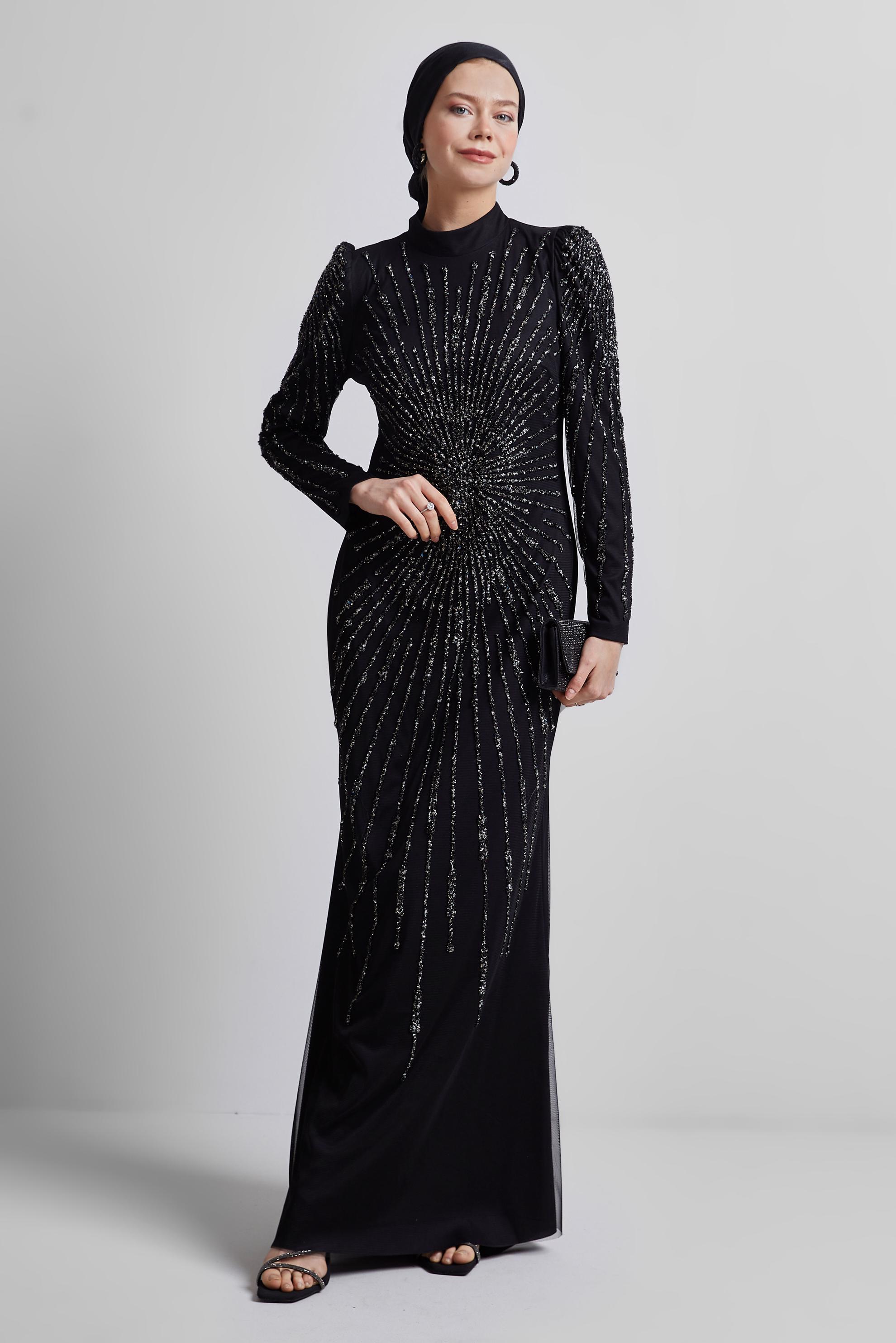 Tesettür giyim SİYAH TAŞ DETAYLI ABİYE ELBİSE 50510