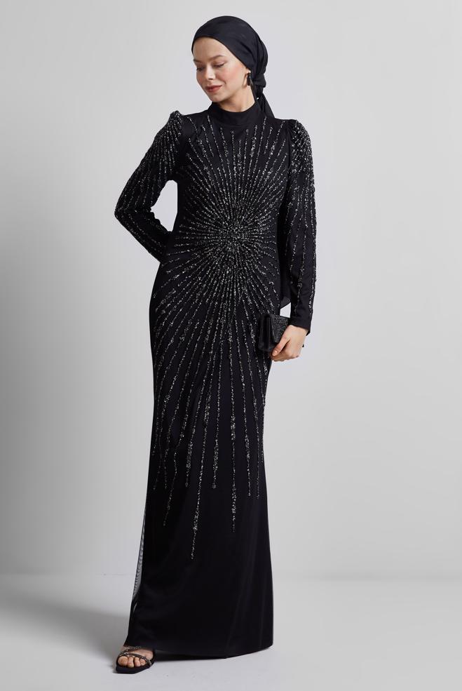 Tesettür giyim SİYAH TAŞ DETAYLI ABİYE ELBİSE 50510 - ALVİNA