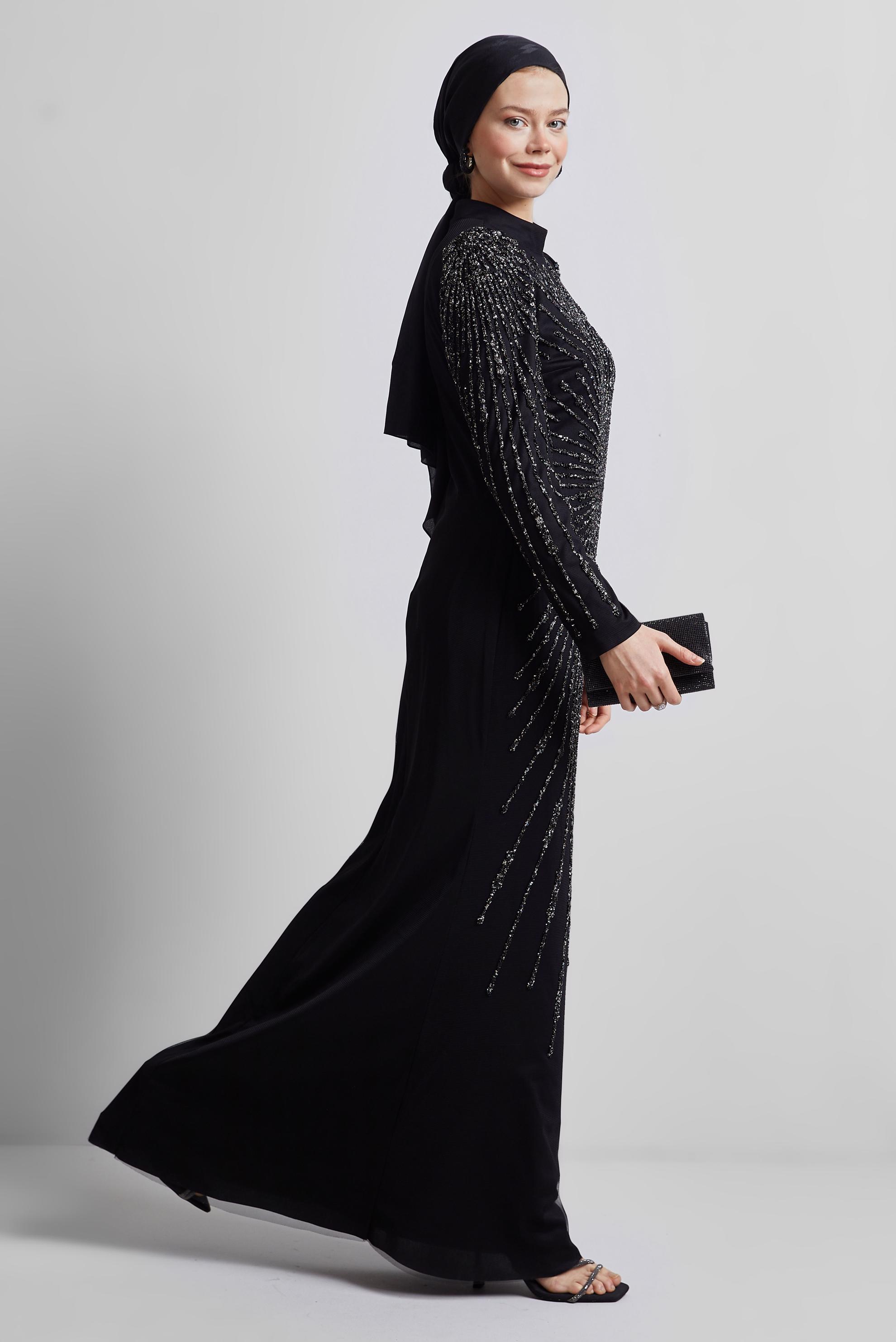 Tesettür giyim SİYAH TAŞ DETAYLI ABİYE ELBİSE 50510