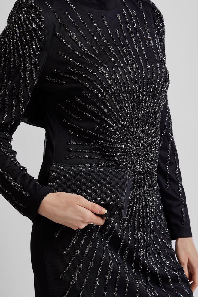 Tesettür giyim SİYAH TAŞ DETAYLI ABİYE ELBİSE 50510 - ALVİNA