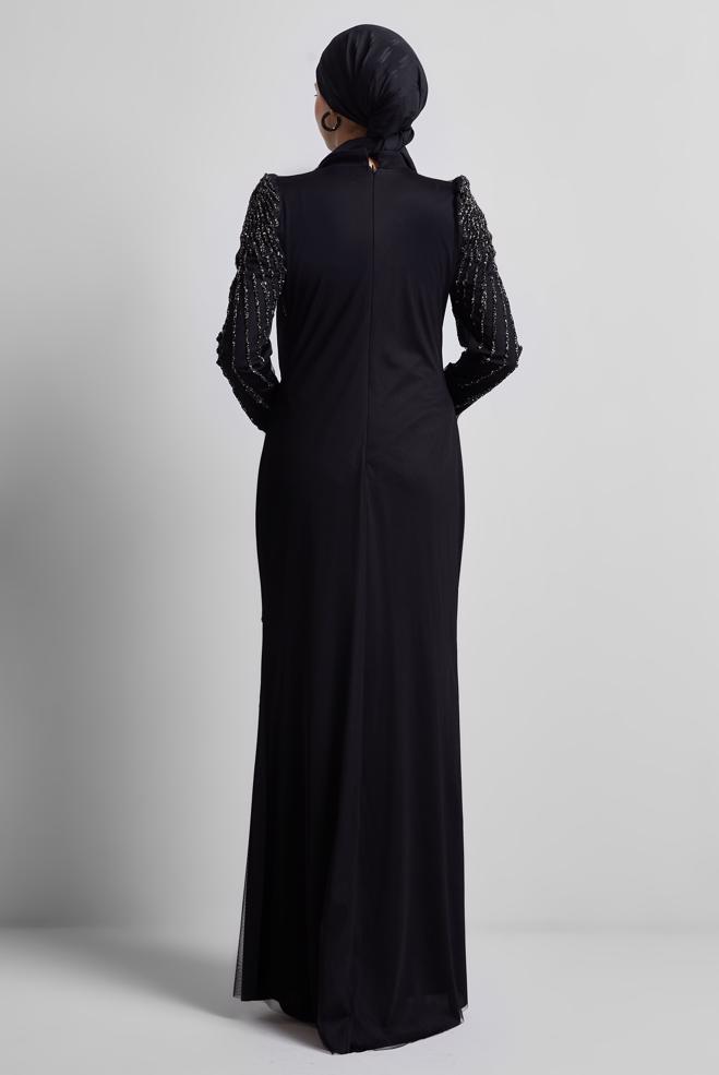 Tesettür giyim SİYAH TAŞ DETAYLI ABİYE ELBİSE 50510 - ALVİNA