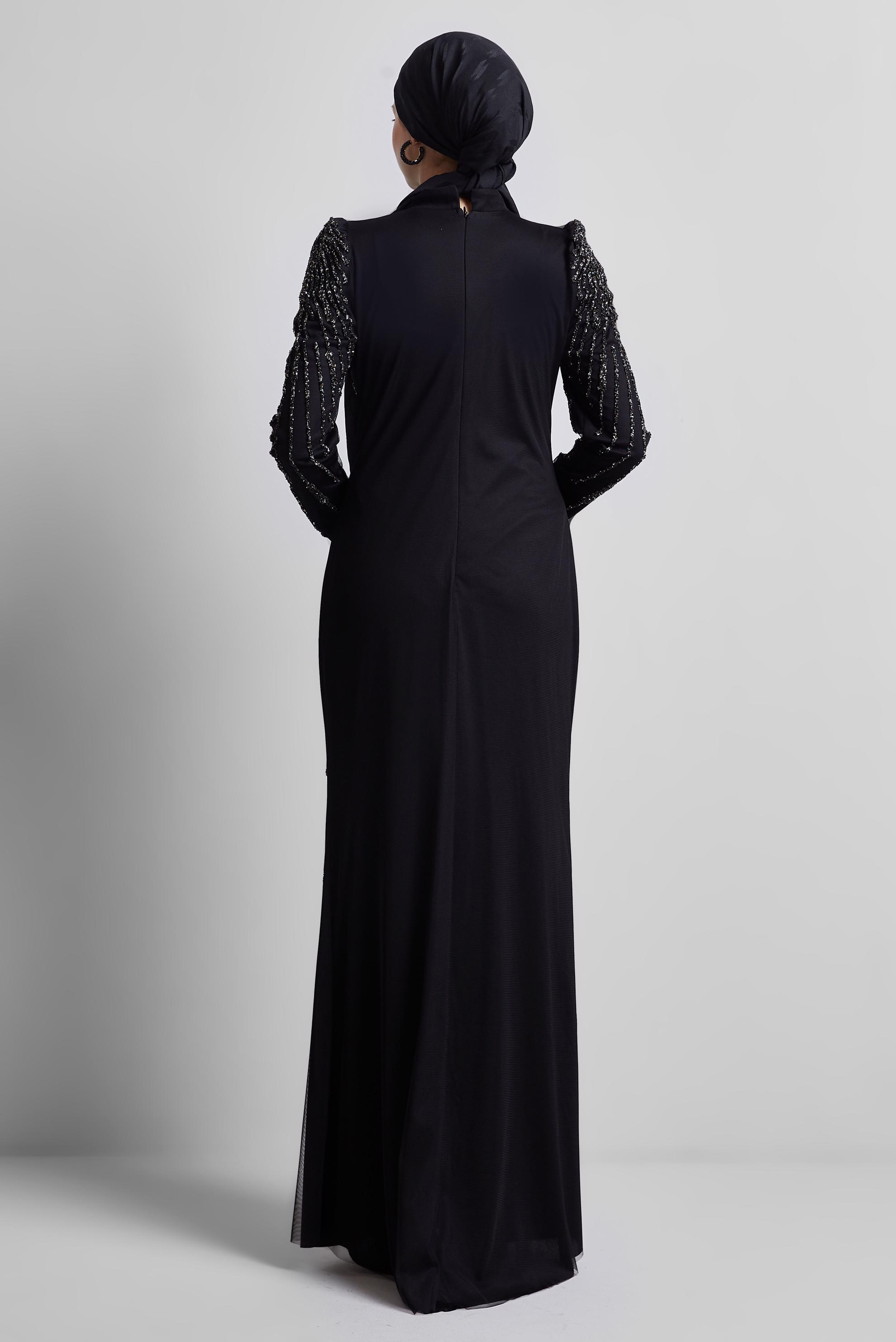 Tesettür giyim SİYAH TAŞ DETAYLI ABİYE ELBİSE 50510