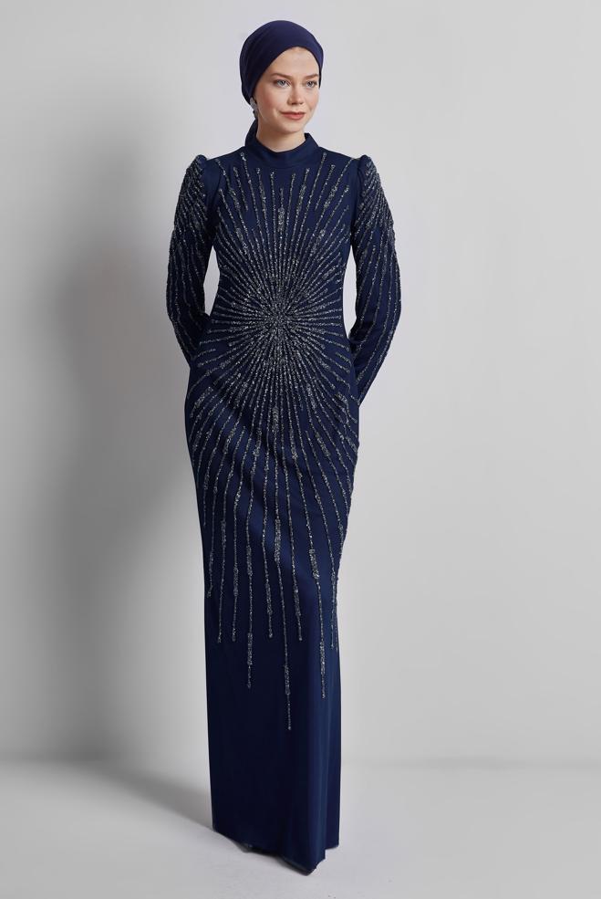 Tesettür giyim LACİVERT TAŞ DETAYLI ABİYE ELBİSE 50510 - ALVİNA