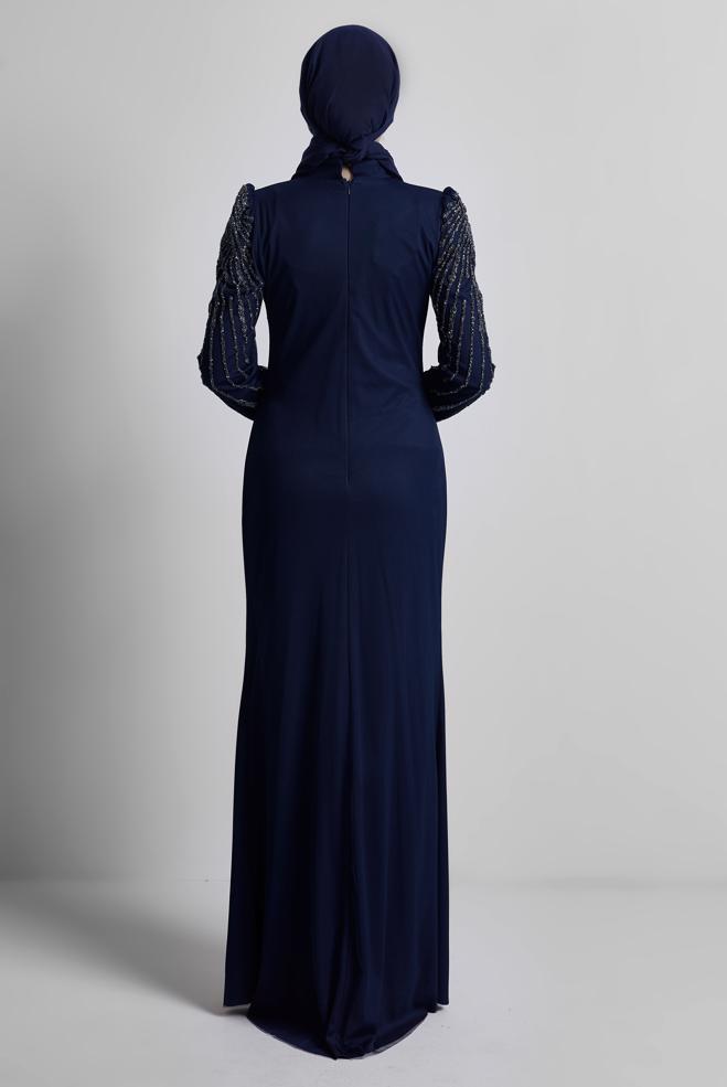 Tesettür giyim LACİVERT TAŞ DETAYLI ABİYE ELBİSE 50510 - ALVİNA