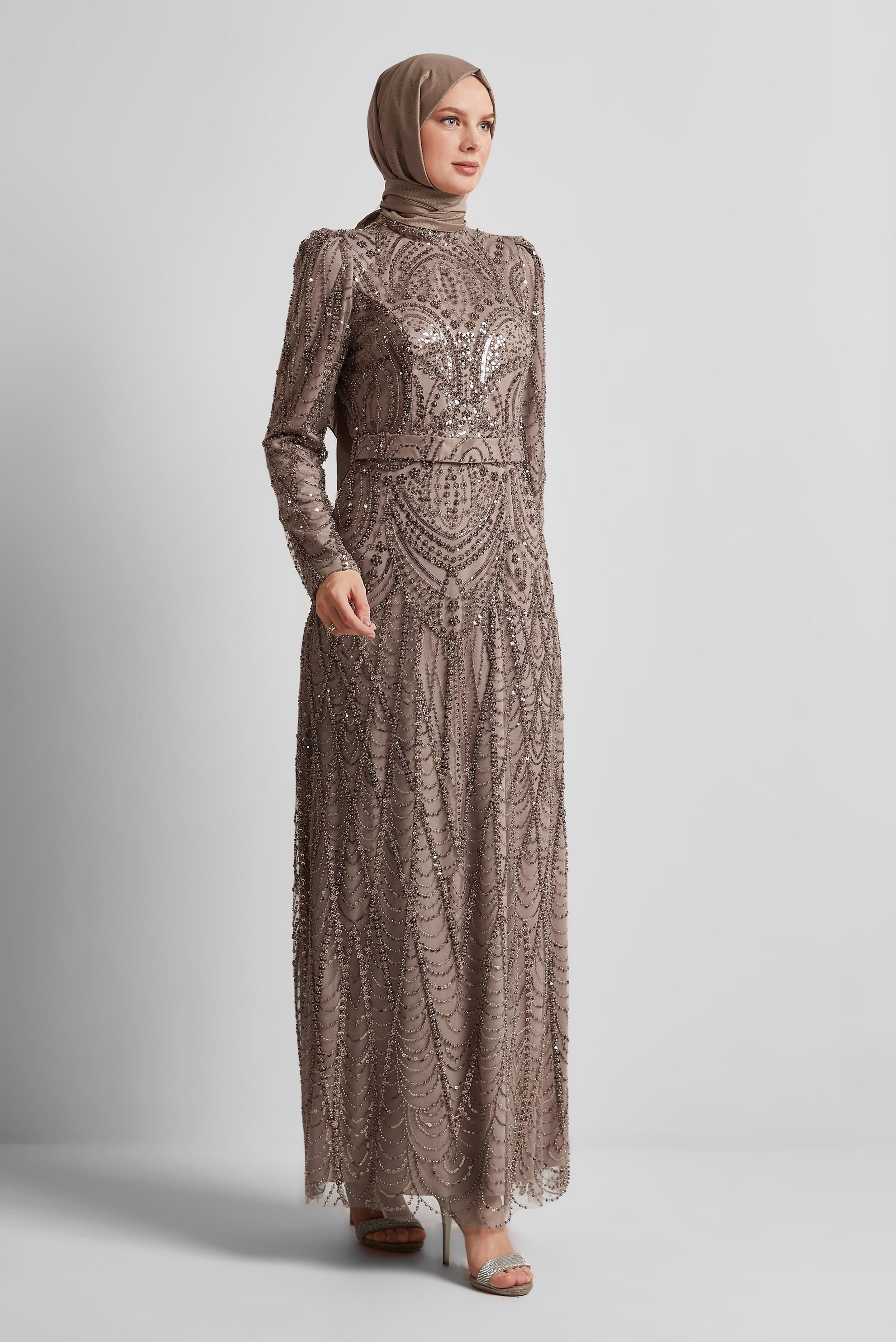 Tesettür giyim BAKIR / BRONZ PAYETLİ ABİYE ELBİSE 50512
