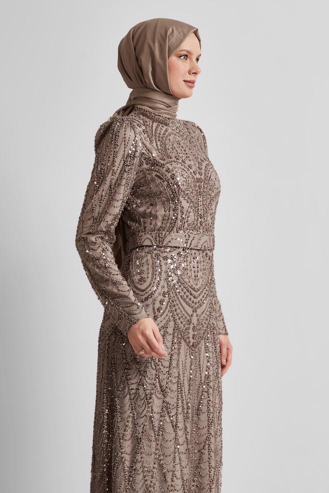 Tesettür giyim BAKIR / BRONZ PAYETLİ ABİYE ELBİSE 50512 - ALVİNA