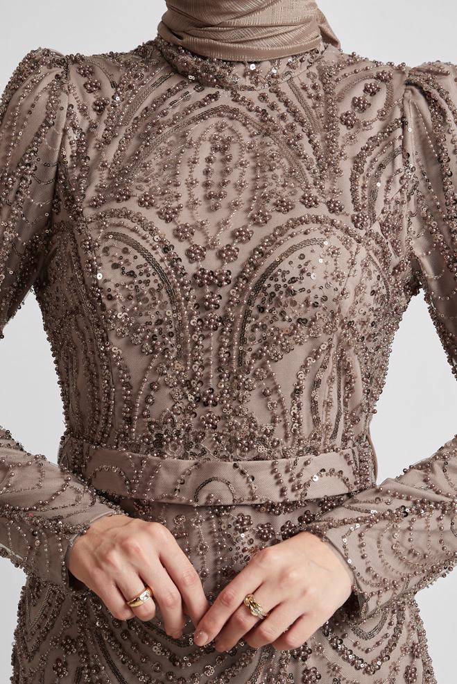 Tesettür giyim BAKIR / BRONZ PAYETLİ ABİYE ELBİSE 50512 - ALVİNA