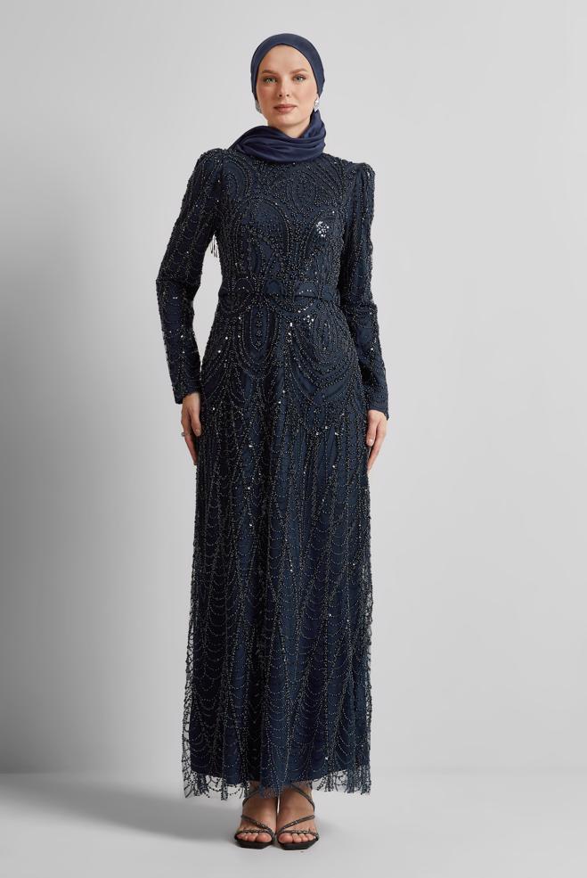 Tesettür giyim LACİVERT PAYETLİ ABİYE ELBİSE 50512 - ALVİNA