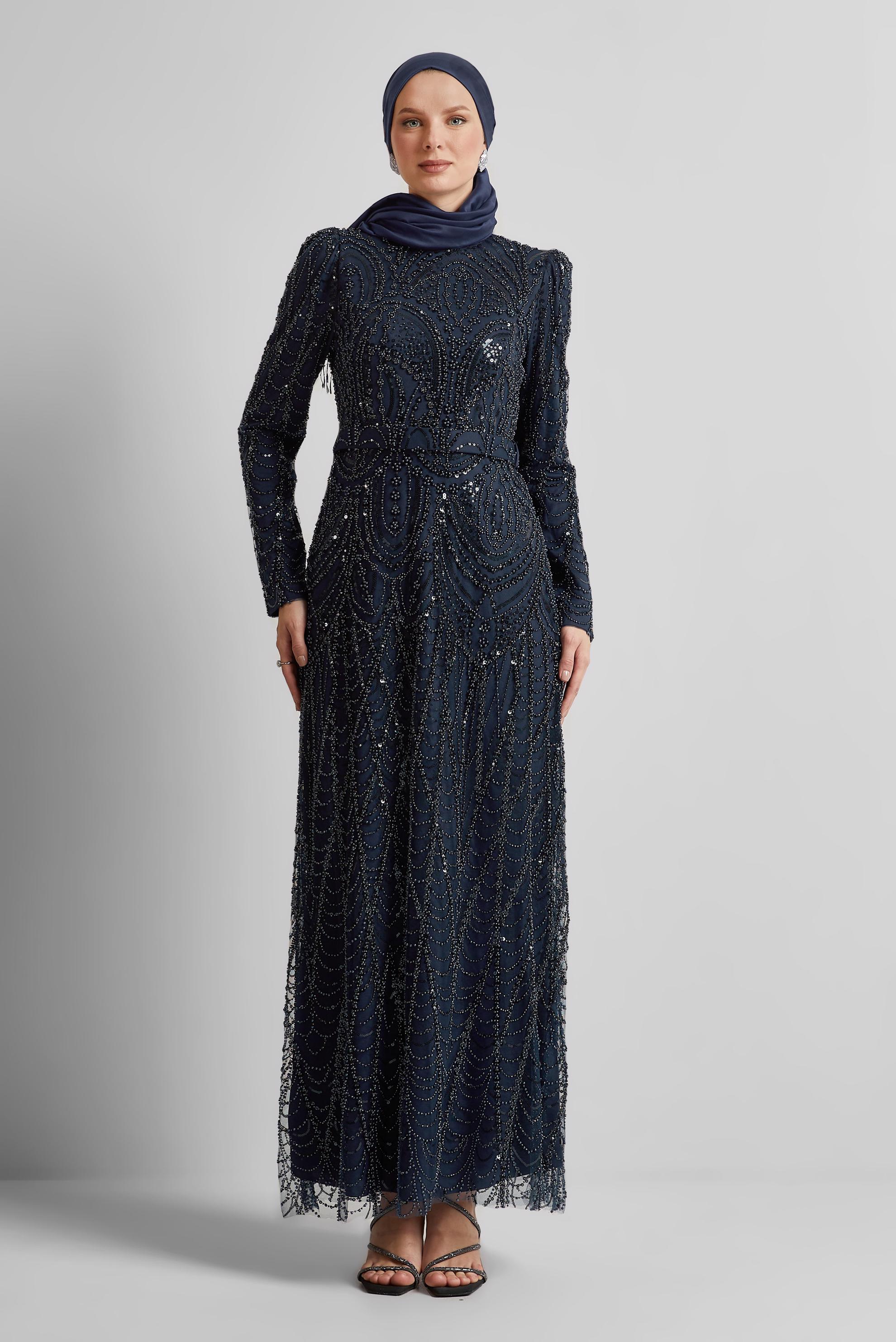 Tesettür giyim LACİVERT PAYETLİ ABİYE ELBİSE 50512