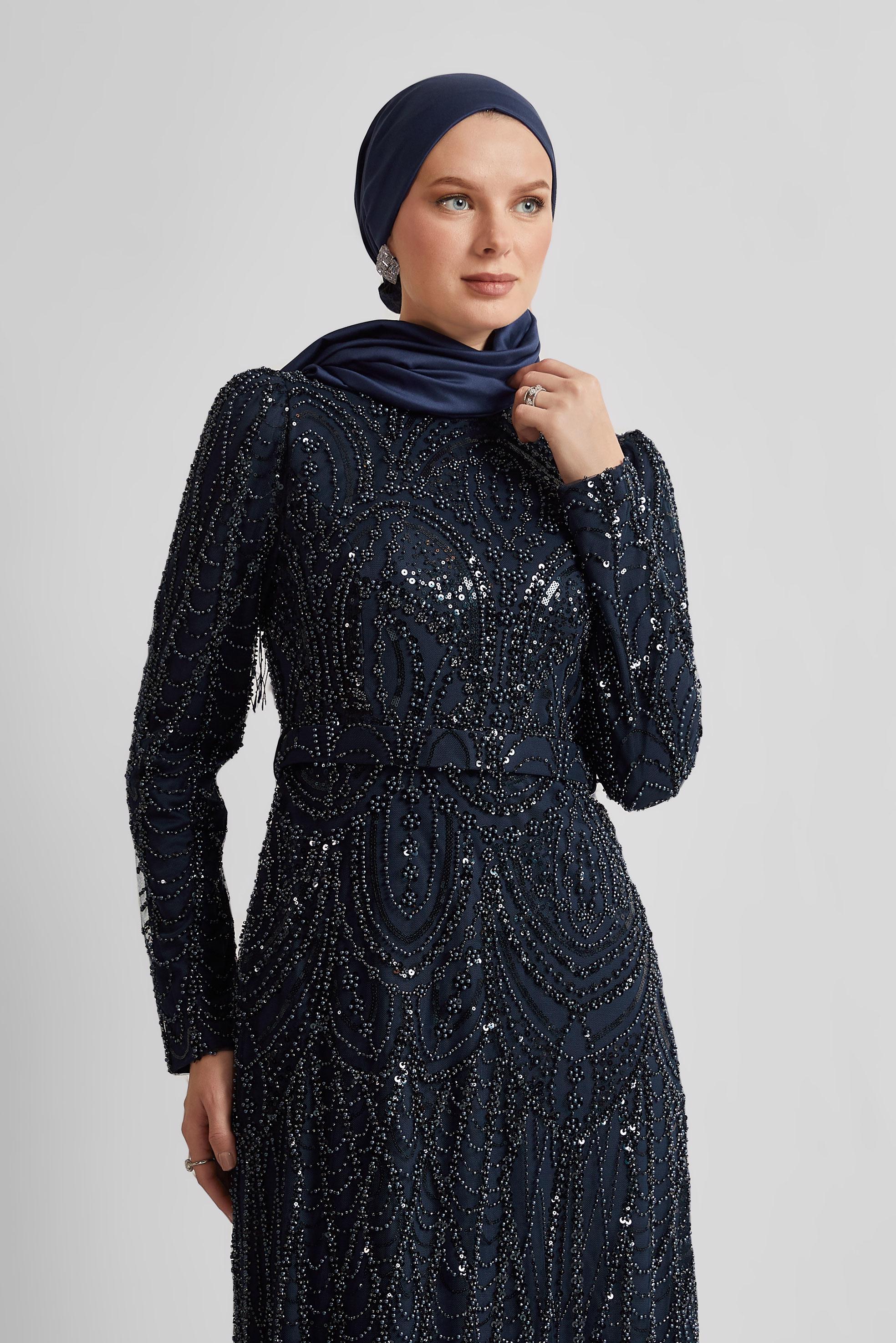Tesettür giyim LACİVERT PAYETLİ ABİYE ELBİSE 50512