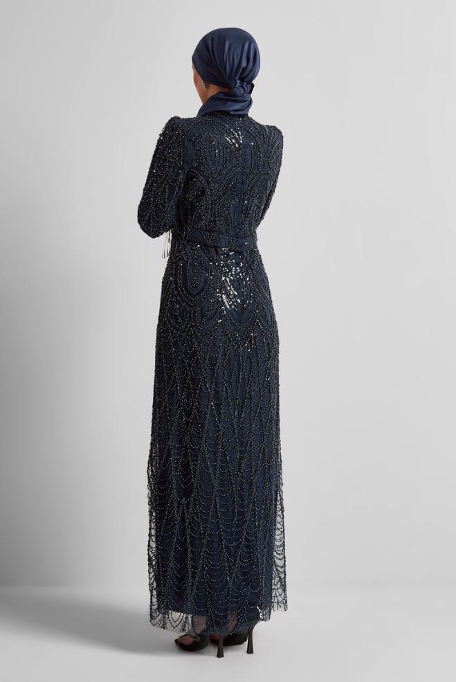 Tesettür giyim LACİVERT PAYETLİ ABİYE ELBİSE 50512 - ALVİNA