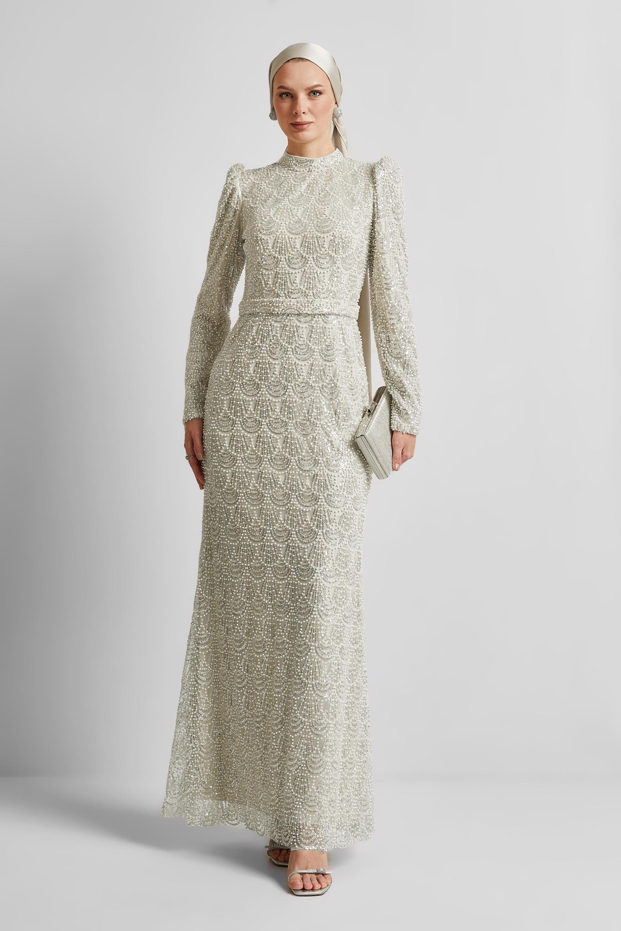 Tesettür giyim BEYAZ BONCUK İŞLEMELİ ABİYE ELBİSE 50513