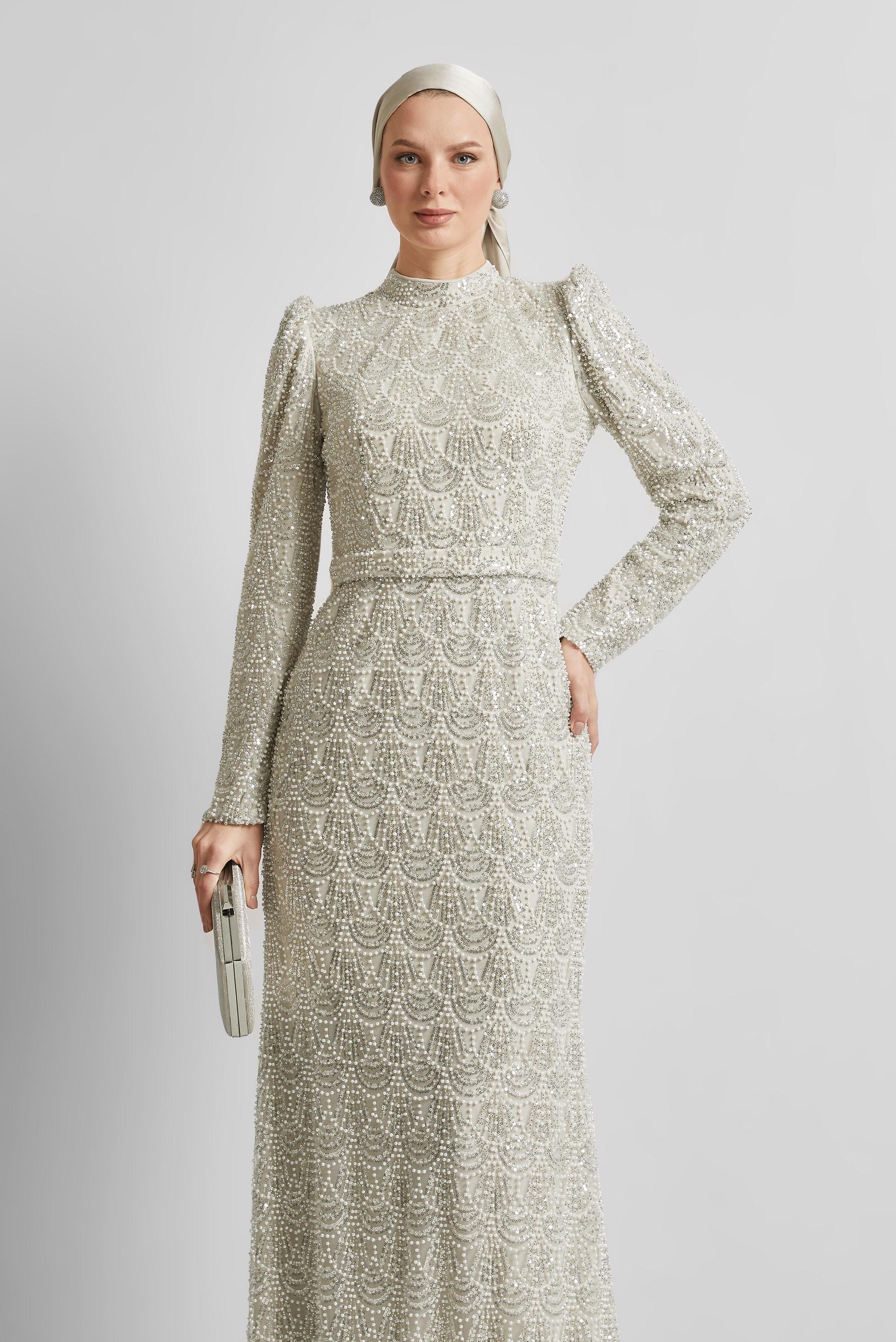 Tesettür giyim BEYAZ BONCUK İŞLEMELİ ABİYE ELBİSE 50513