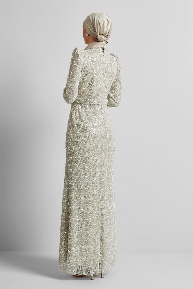 Tesettür giyim BEYAZ BONCUK İŞLEMELİ ABİYE ELBİSE 50513 - ALVİNA