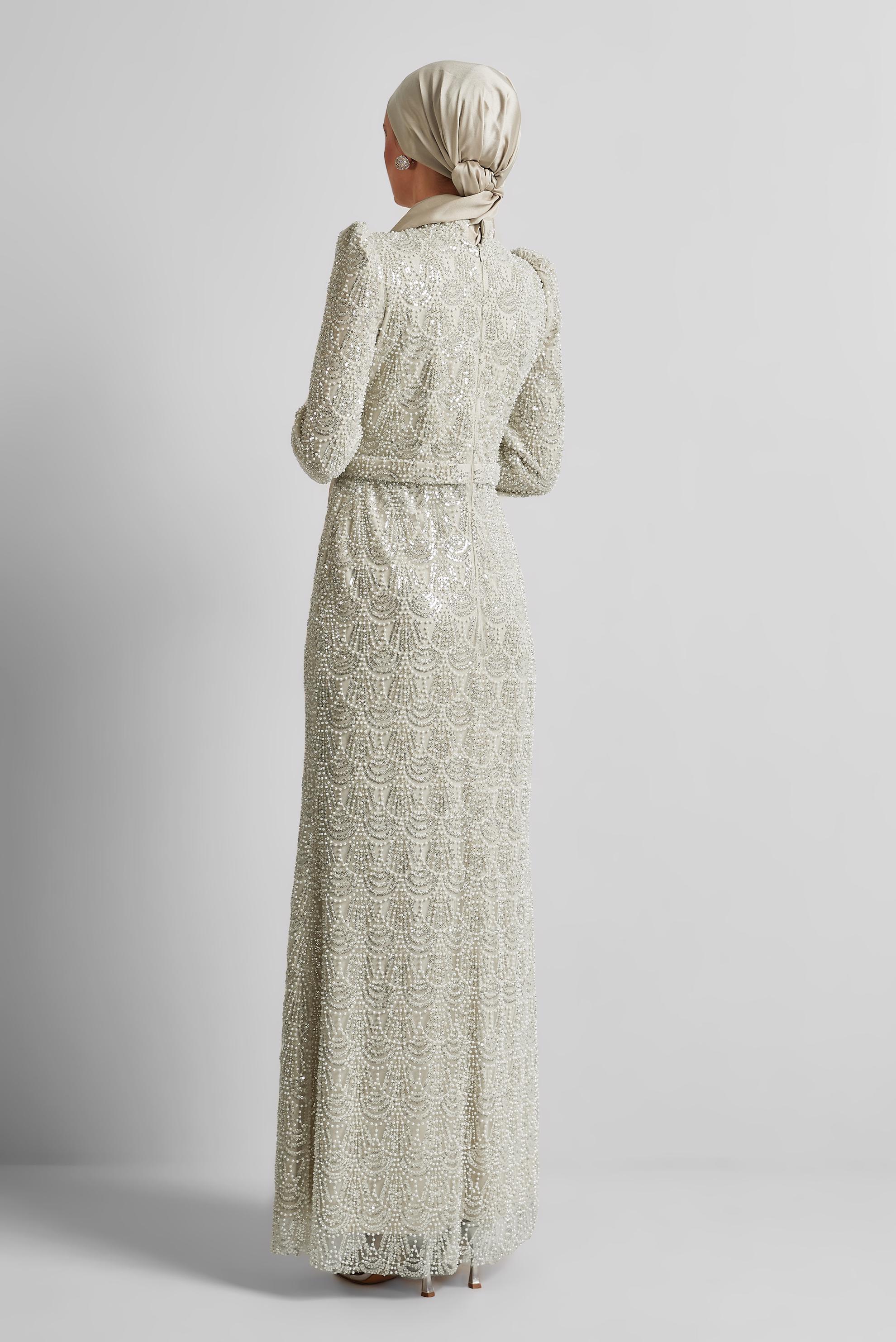 Tesettür giyim BEYAZ BONCUK İŞLEMELİ ABİYE ELBİSE 50513