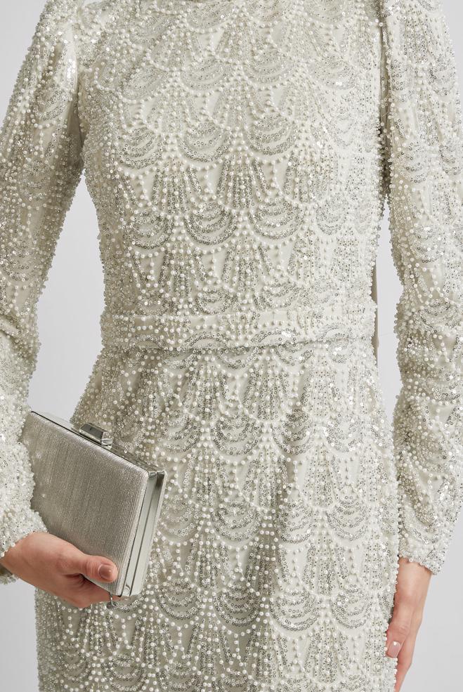 Tesettür giyim BEYAZ BONCUK İŞLEMELİ ABİYE ELBİSE 50513 - ALVİNA