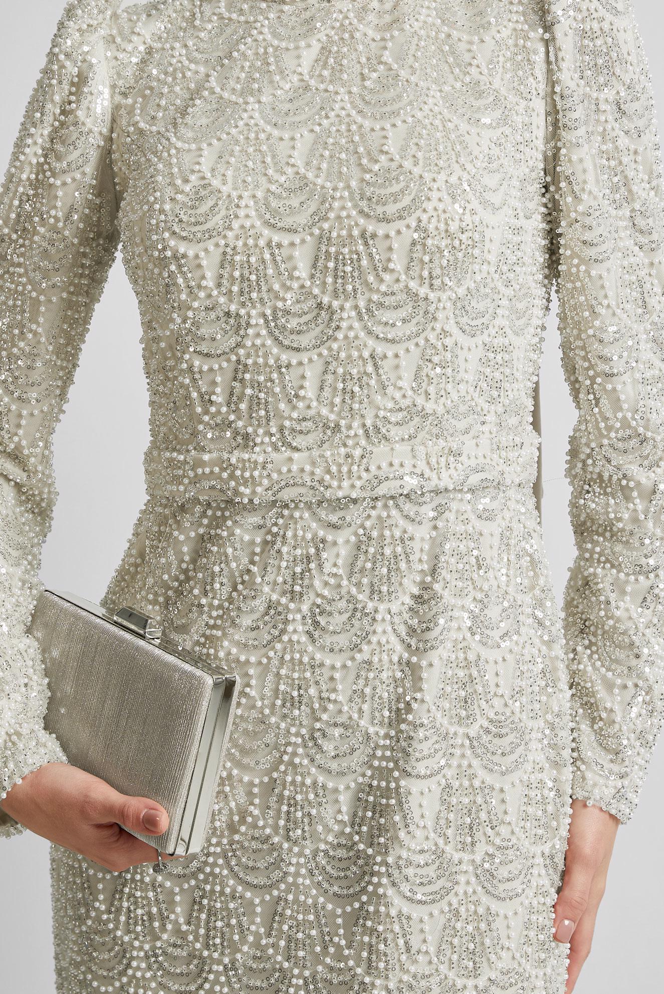 Tesettür giyim BEYAZ BONCUK İŞLEMELİ ABİYE ELBİSE 50513