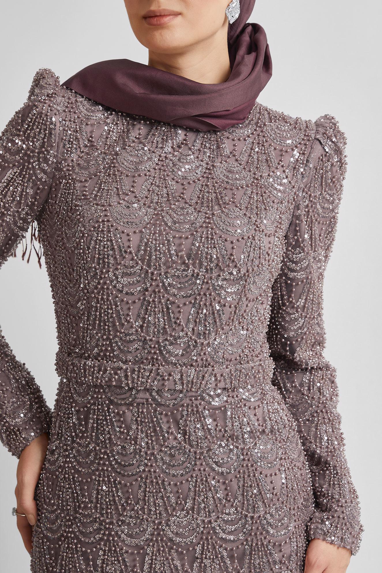 Hijab clothing COPPER / BRONZE BEAD EMBROIDERED EVENING DRESS 50513