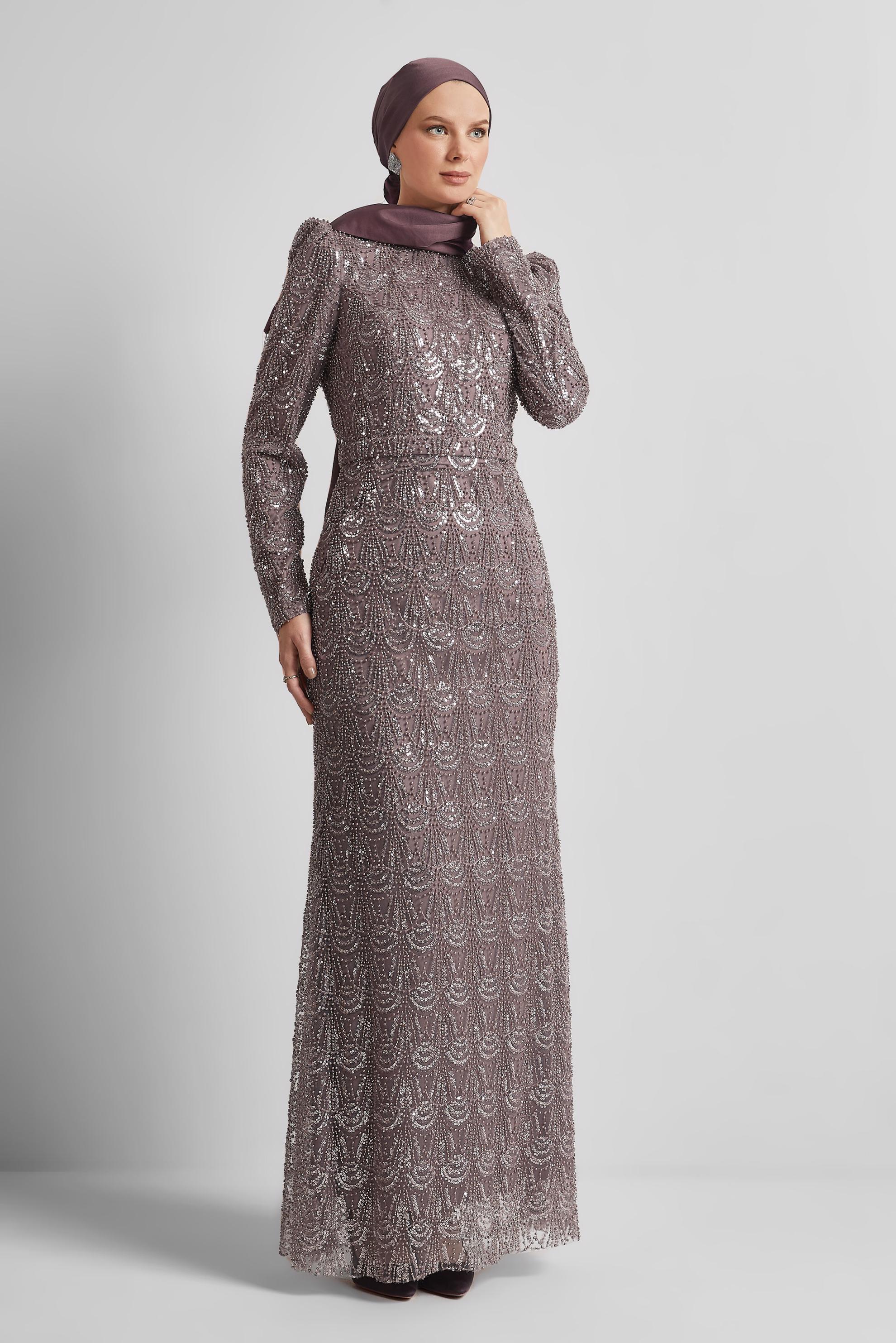 Hijab clothing COPPER / BRONZE BEAD EMBROIDERED EVENING DRESS 50513