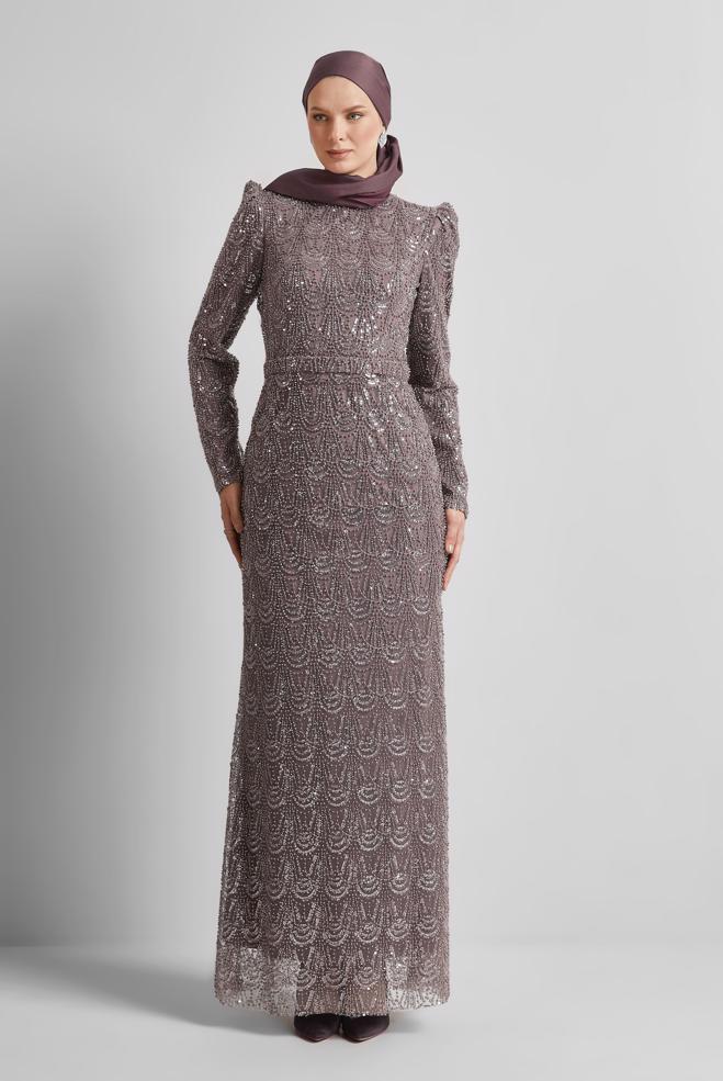 Tesettür giyim BAKIR / BRONZ BONCUK İŞLEMELİ ABİYE ELBİSE 50513 - ALVİNA