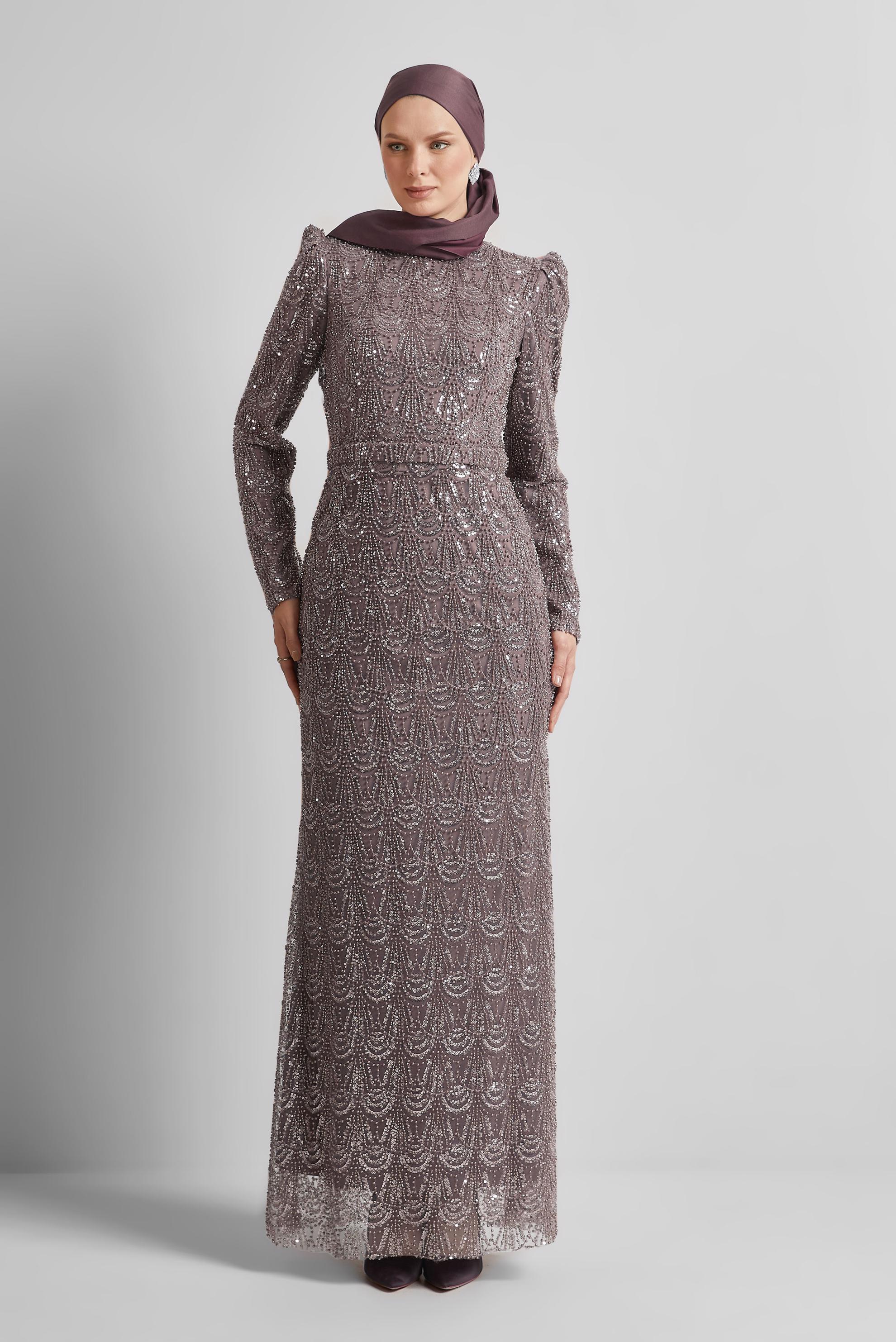 Hijab clothing COPPER / BRONZE BEAD EMBROIDERED EVENING DRESS 50513