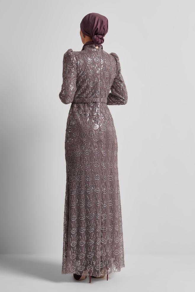 Tesettür giyim BAKIR / BRONZ BONCUK İŞLEMELİ ABİYE ELBİSE 50513 - ALVİNA