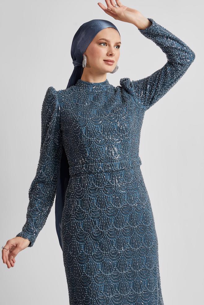 Tesettür giyim LACİVERT BONCUK İŞLEMELİ ABİYE ELBİSE 50513 - ALVİNA