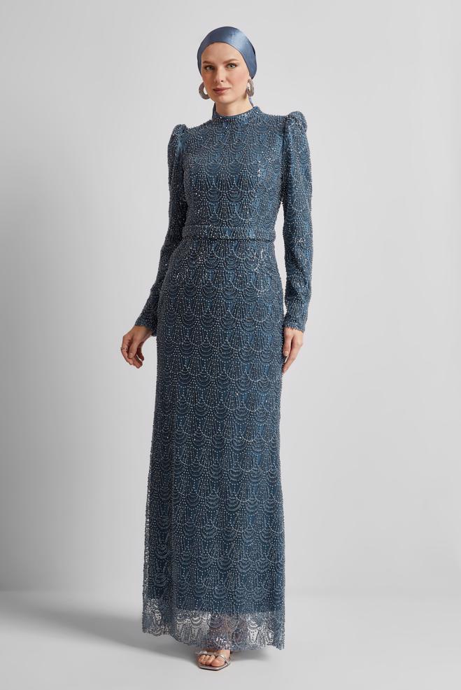 Tesettür giyim LACİVERT BONCUK İŞLEMELİ ABİYE ELBİSE 50513 - ALVİNA