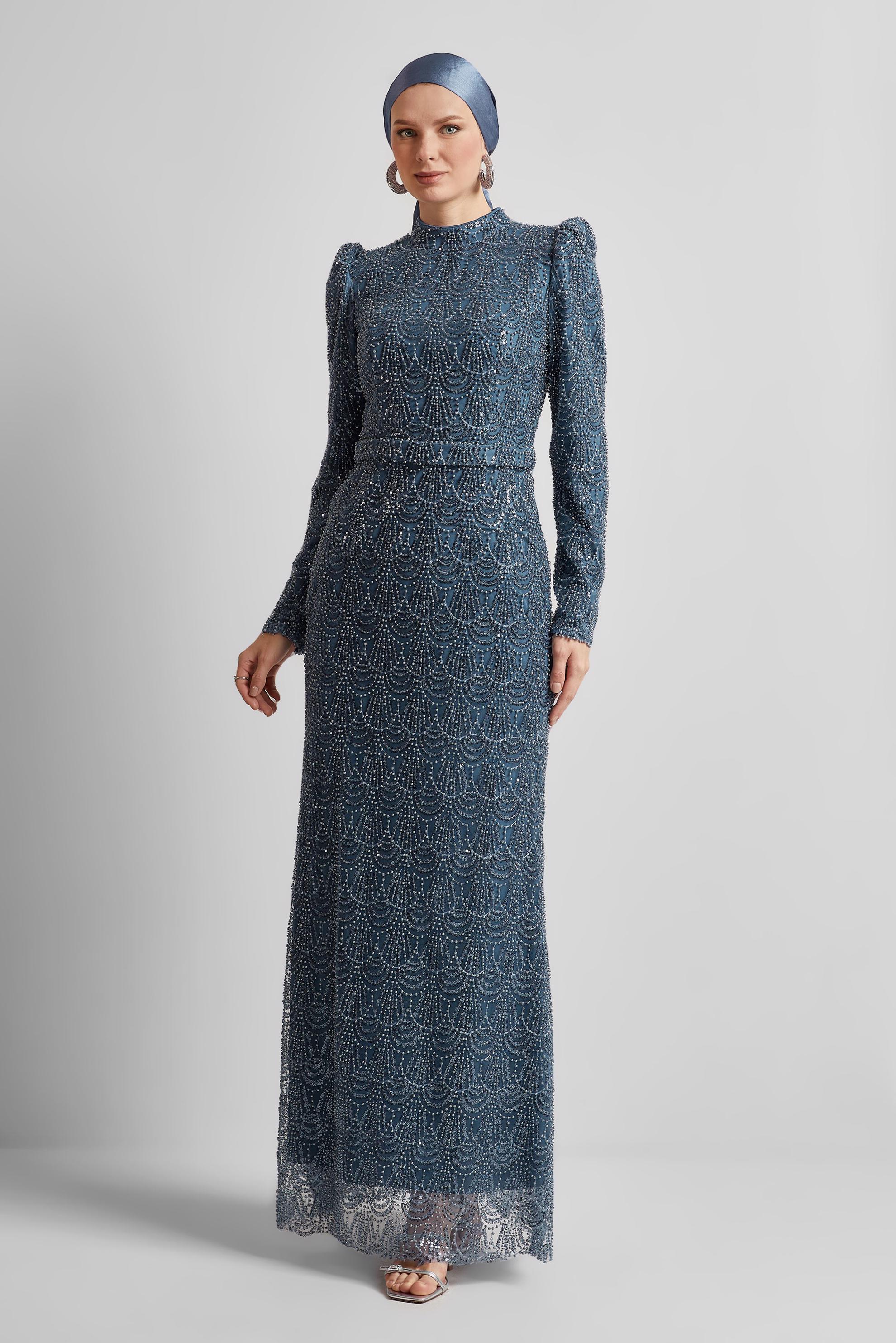 Hijab clothing NAVY BLUE BEAD EMBROIDERED EVENING DRESS 50513