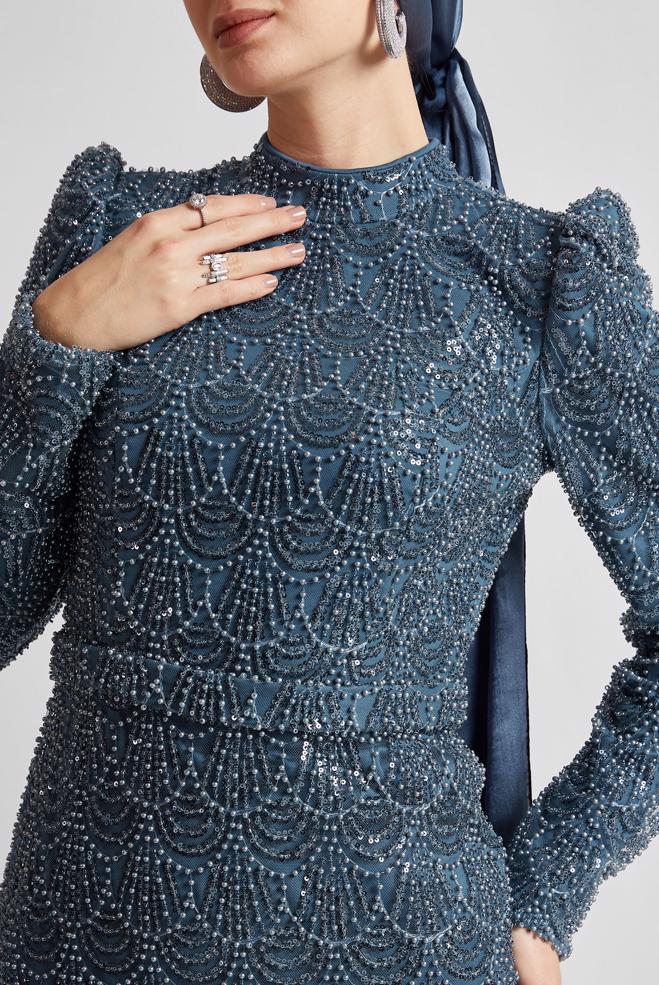 Tesettür giyim LACİVERT BONCUK İŞLEMELİ ABİYE ELBİSE 50513 - ALVİNA