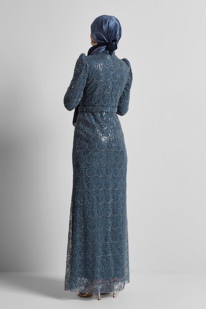 Tesettür giyim LACİVERT BONCUK İŞLEMELİ ABİYE ELBİSE 50513 - ALVİNA