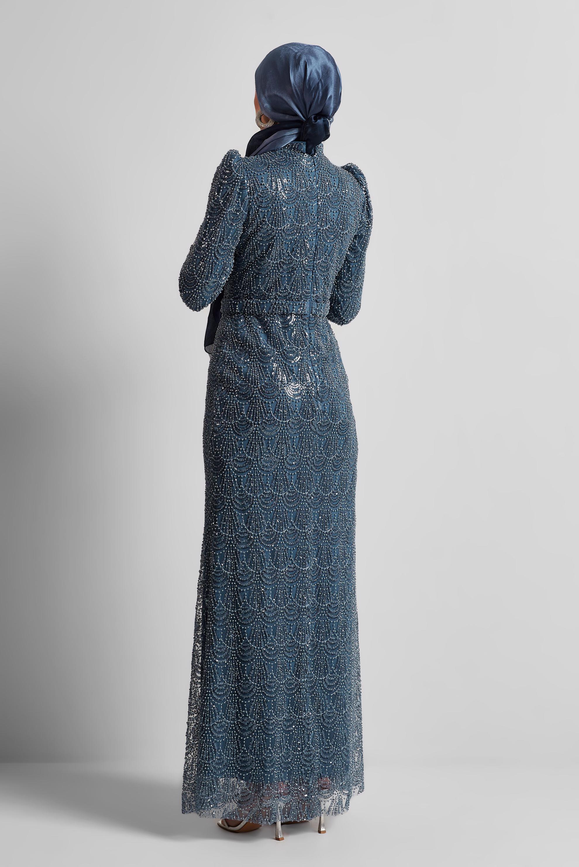 Hijab clothing NAVY BLUE BEAD EMBROIDERED EVENING DRESS 50513