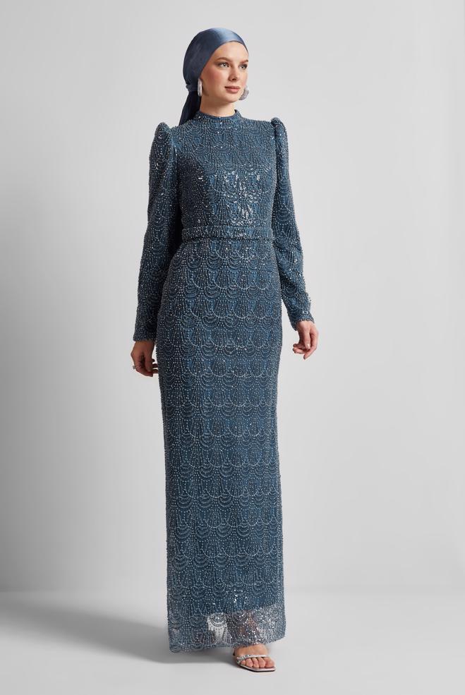 Tesettür giyim LACİVERT BONCUK İŞLEMELİ ABİYE ELBİSE 50513 - ALVİNA