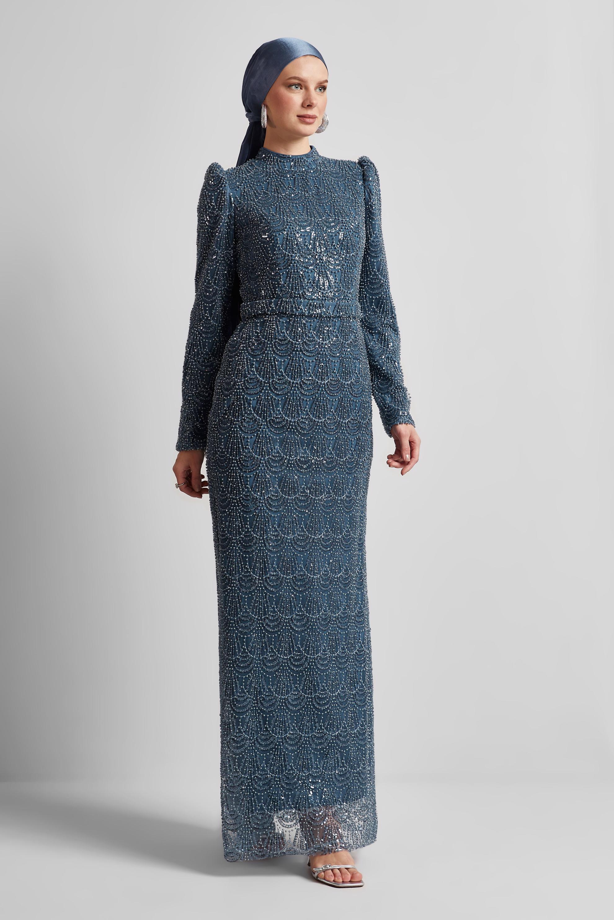 Hijab clothing NAVY BLUE BEAD EMBROIDERED EVENING DRESS 50513