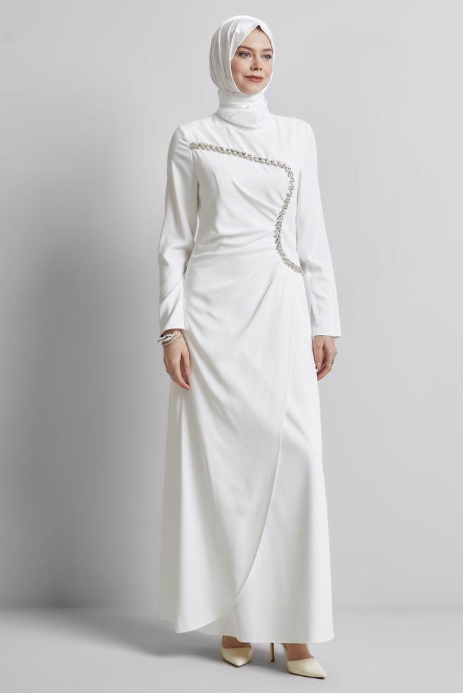 Tesettür giyim BEYAZ TAŞ DETAYLI ABİYE ELBİSE 50515 - ALVİNA