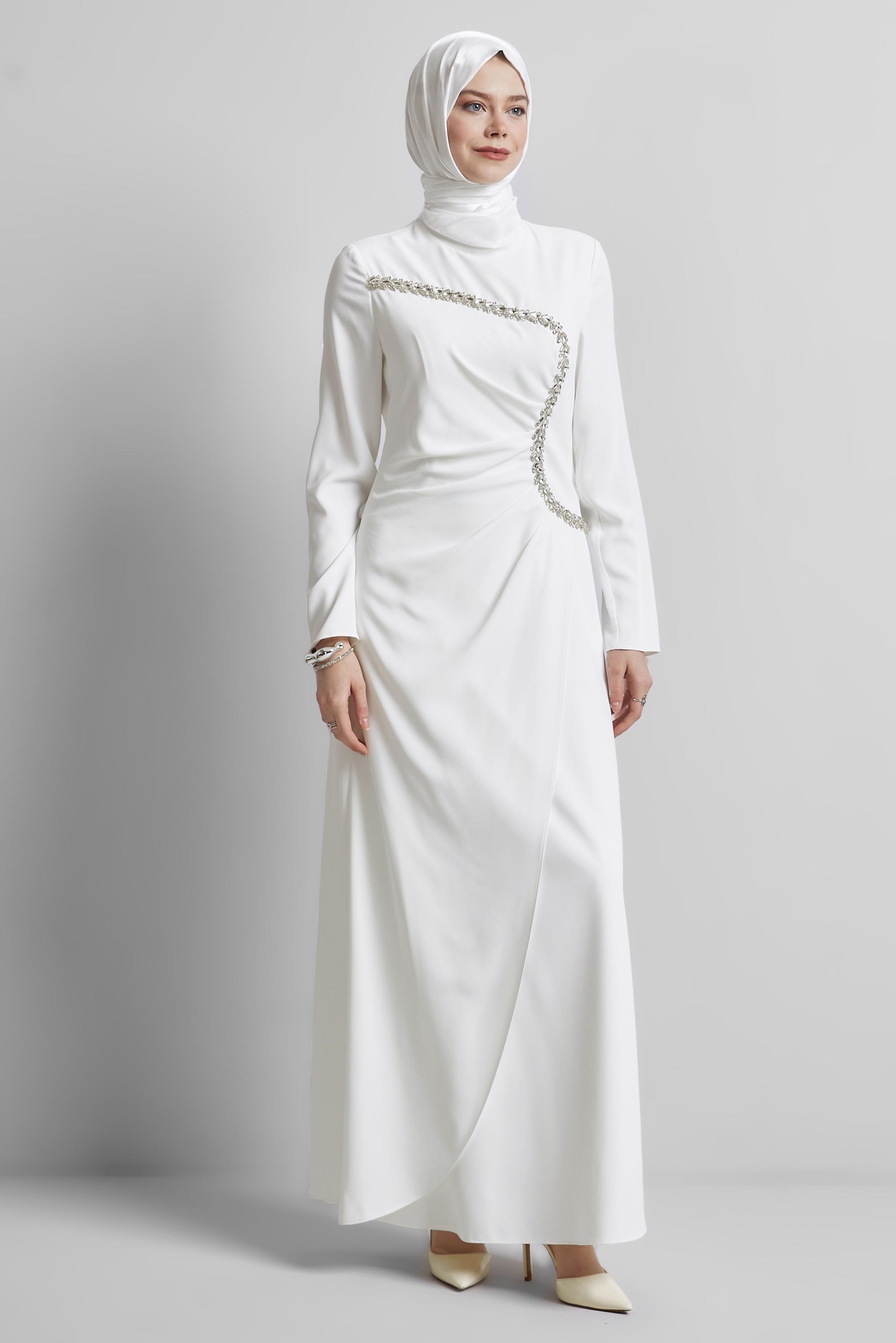 Tesettür giyim BEYAZ TAŞ DETAYLI ABİYE ELBİSE 50515