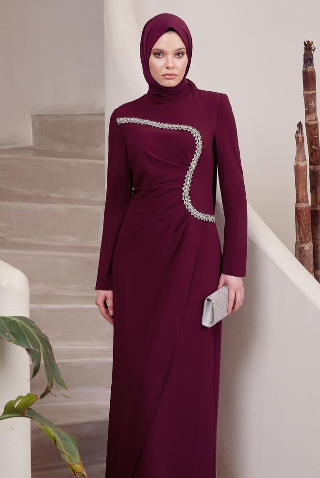 Tesettür giyim MÜRDÜM TAŞ DETAYLI ABİYE ELBİSE 50515 - ALVİNA