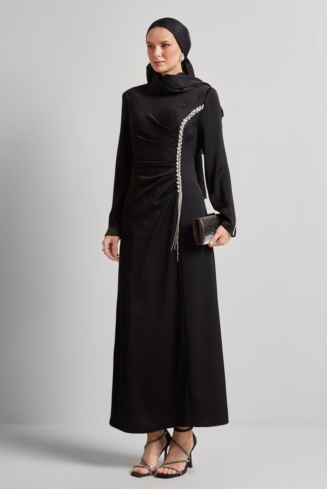 Tesettür giyim SİYAH SATEN ABİYE ELBİSE 50516 - ALVİNA