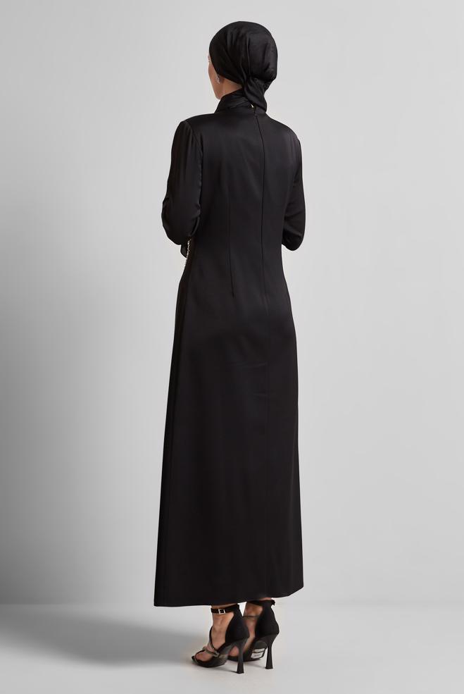 Tesettür giyim SİYAH SATEN ABİYE ELBİSE 50516 - ALVİNA
