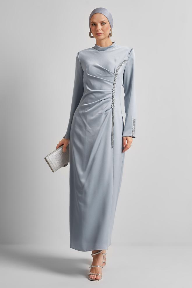 Tesettür giyim GRİ SATEN ABİYE ELBİSE 50516 - ALVİNA