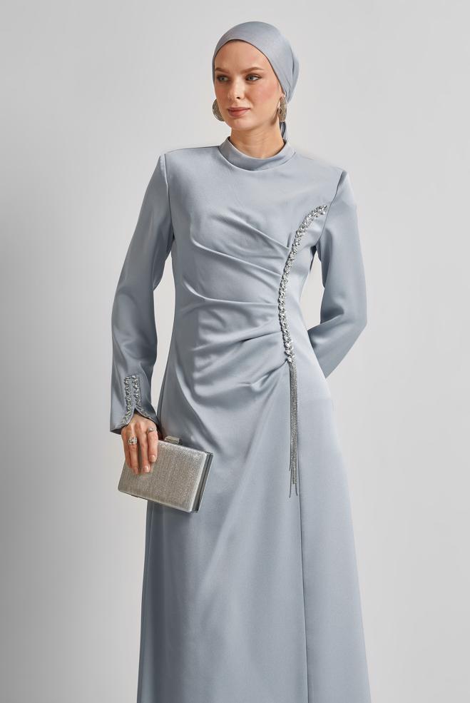 Tesettür giyim GRİ SATEN ABİYE ELBİSE 50516 - ALVİNA