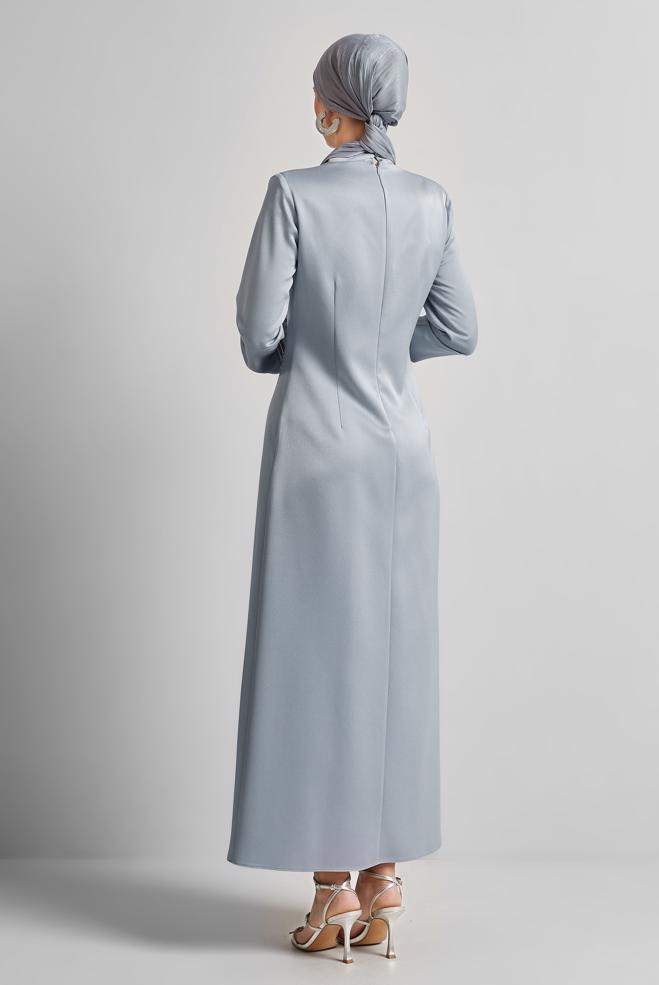 Tesettür giyim GRİ SATEN ABİYE ELBİSE 50516 - ALVİNA