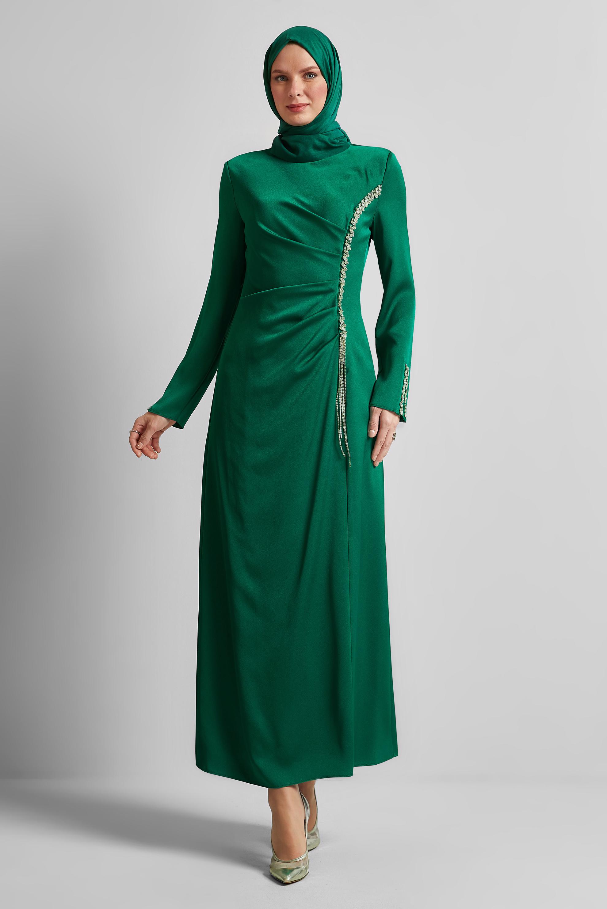 Tesettür giyim YEŞİL SATEN ABİYE ELBİSE 50516