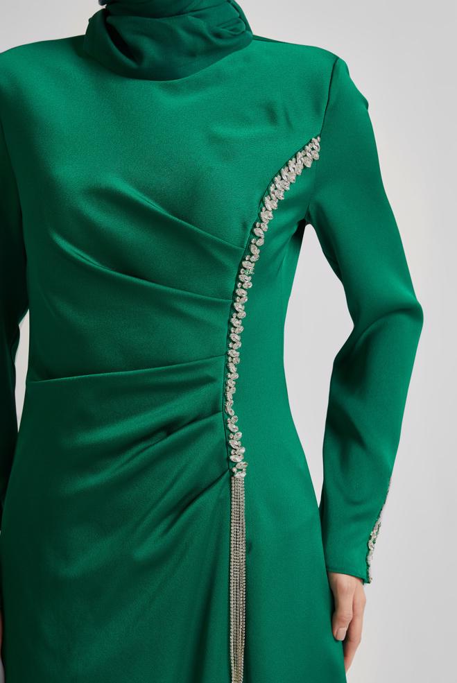 Tesettür giyim YEŞİL SATEN ABİYE ELBİSE 50516 - ALVİNA