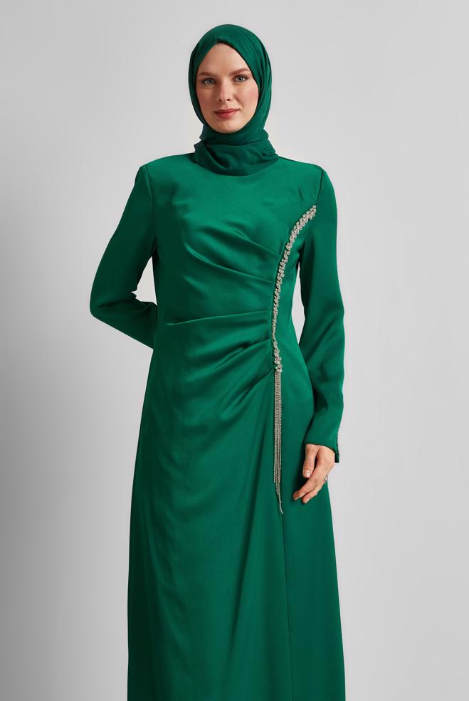 Tesettür giyim YEŞİL SATEN ABİYE ELBİSE 50516 - ALVİNA