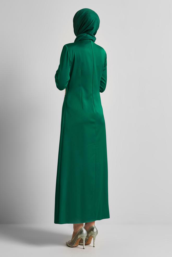Tesettür giyim YEŞİL SATEN ABİYE ELBİSE 50516 - ALVİNA