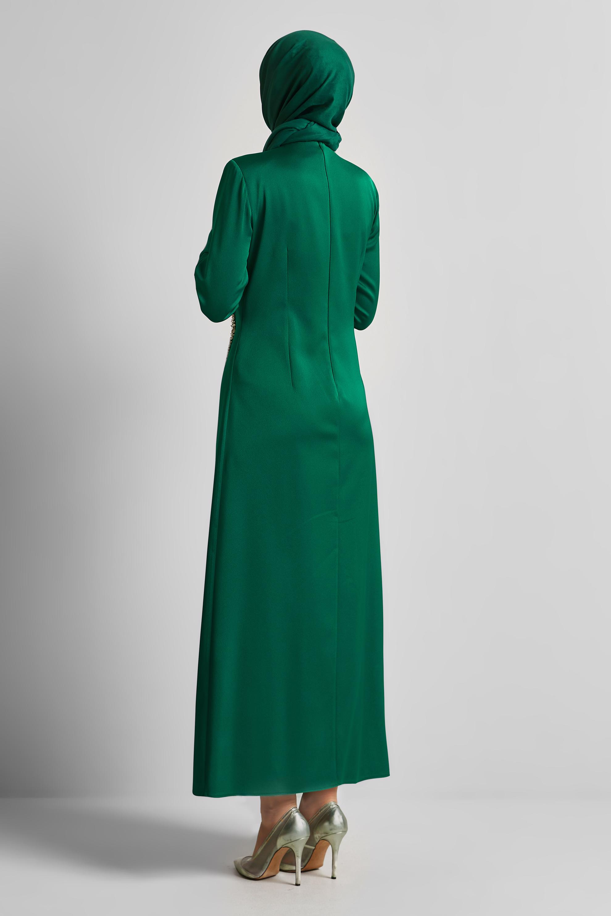 Tesettür giyim YEŞİL SATEN ABİYE ELBİSE 50516
